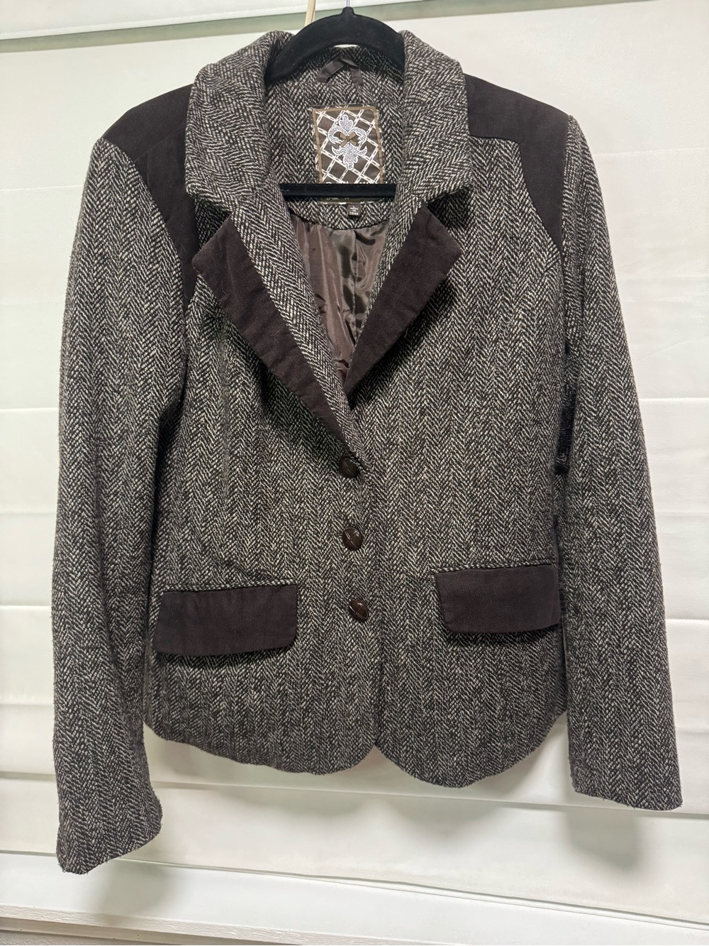 Dollhouse Charcoal Herringbone Blazer with Dark Gray Trim
